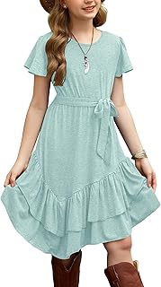 Girls Dresses Loose Plain Casual Ruffle Swing Midi Dress with Belt for 5-14 Years - Buy now