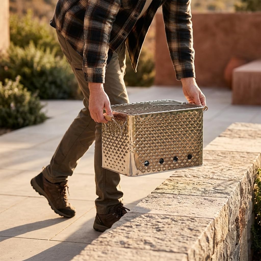 e Charbon Portable, Acier Inoxydable & Bois, pour Camping & Pique-nique, Extérieur