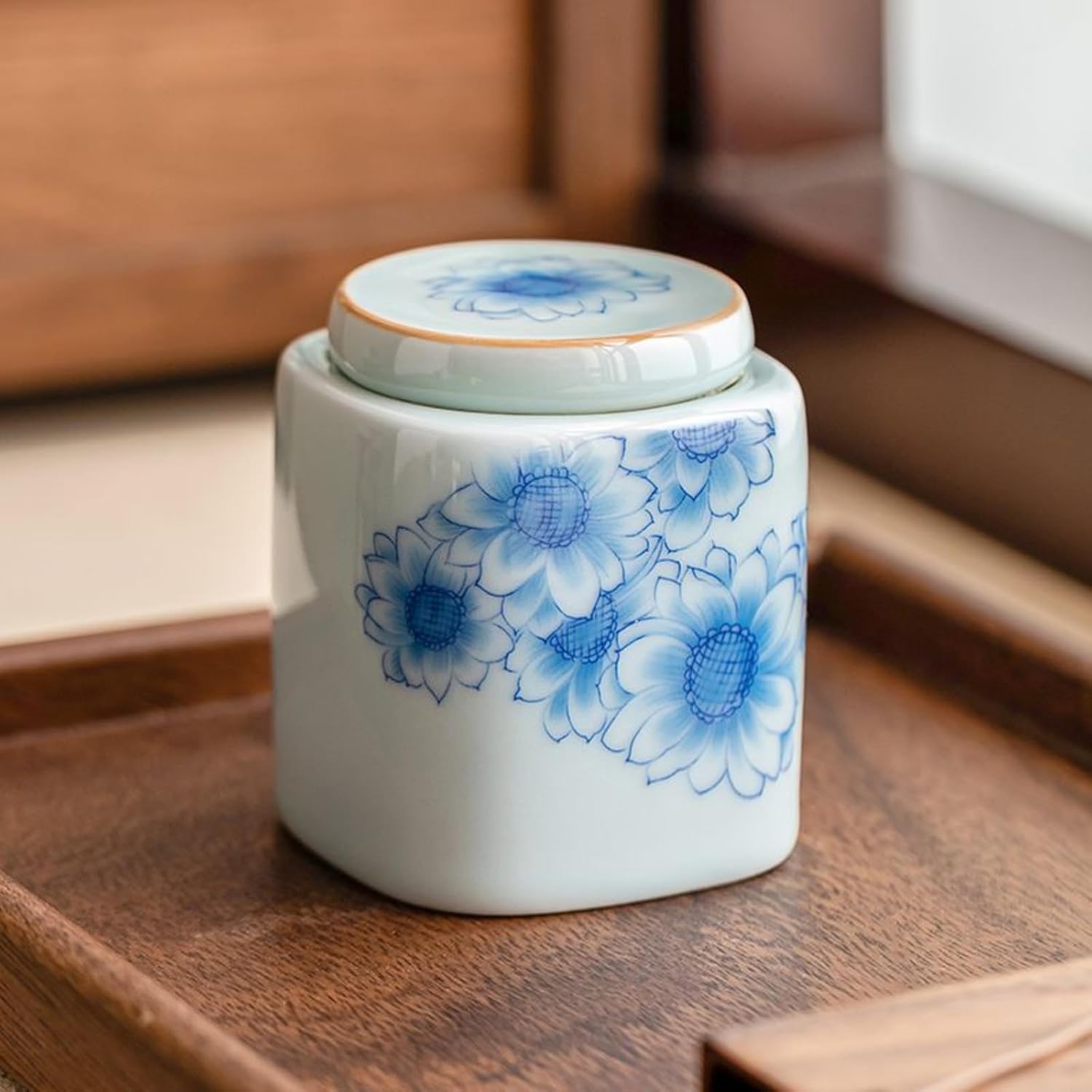 Ceramics Tea Canister, 170ml 5.7oz, Chinese Style Tea Storage Jar Household Sealed Jar