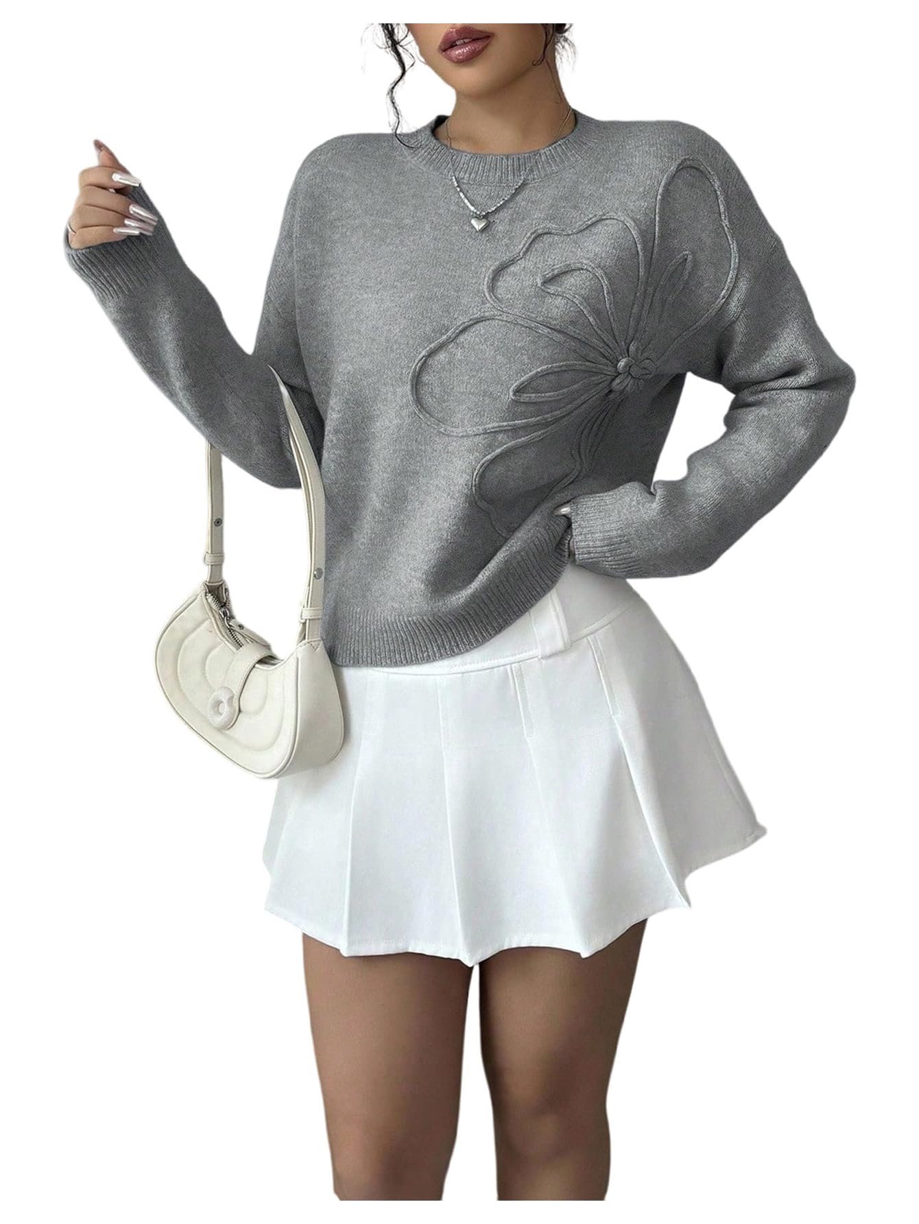 RoseSeek Women's 3D Floral Appliques Sweaters Long Sleeve Knit Tops
