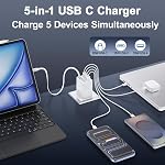 5 en 1 Chargeur rétractable, paquet de 2 40W Plug mural de chargeur téléphonique rétractable 5-Port Charge rapide rétractable USB C Bloc chargeur avec câble intégré, Chargeur mural pliable pour iPhone,Galaxy,iPad,Pixel