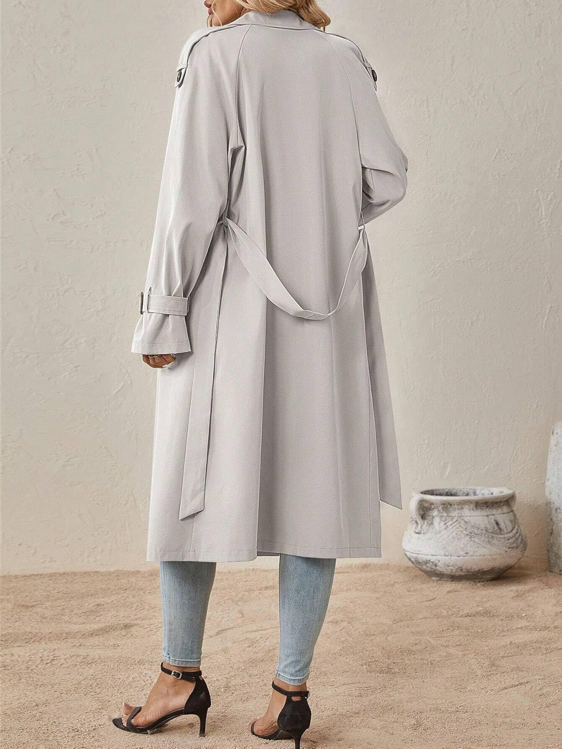 Women's Trench Coat Casual Raglan Sleeve Double Breasted Belted Trench Coat Long Sleeve Classic Overcoat
