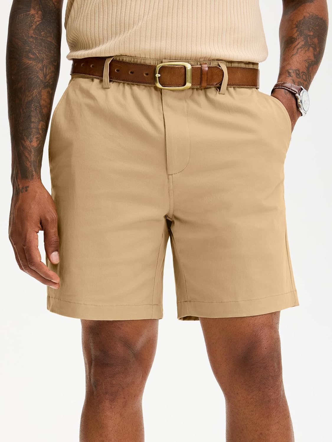 Comdecevis Mens Classic Fit Cotton Casual Shorts 7 Inch Chino Shorts Elastic Waistband - Image 4