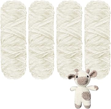 Crochet Yarn Chunky Yarn for Crochet Chunky Wool for Knitting 100g Balls x 4 Chenille Yarn Wool for Crochet Kits for Beginners Adults for Handmade Crafts Hats Blankets Scarves(White-4pcs-400g)