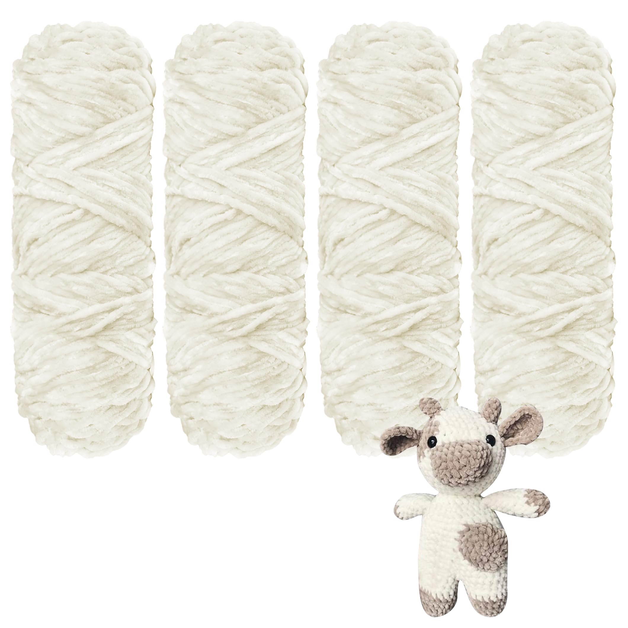 Crochet Yarn Chunky Yarn for Crochet Chunky Wool for Knitting 100g Balls x 4 Chenille Yarn Wool for Crochet Kits for Beginners Adults for Handmade Crafts Hats Blankets Scarves(White-4pcs-400g)