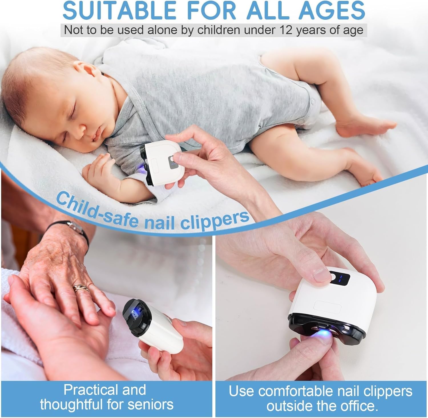 Electric Nail File & Clipper Set, USB Rechargeable with 3 Speeds & LCD Display, Safe Baby Nail Trimmer for Kids, Adults, Seniors, 3-in-1Gentle Nail Care Kit with Storage Case