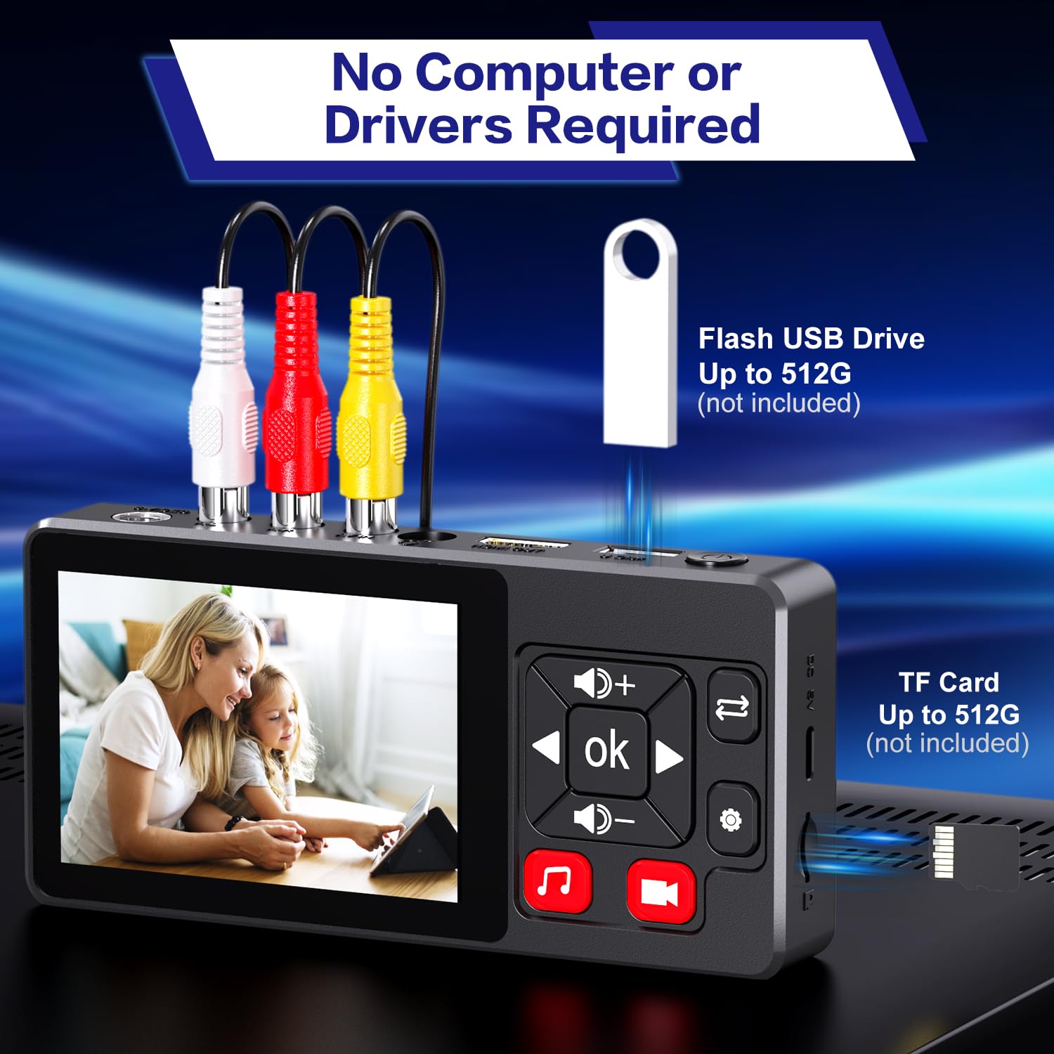 VHS to Digital Converter, HD VHS Digitalisieren Videorecorder mit Remote, VHS Video Grabber Compatible with Mini DV, DVD Player, Blu Ray Player, Hi8, Camcorder, Kassette Tape, Gaming Consoles