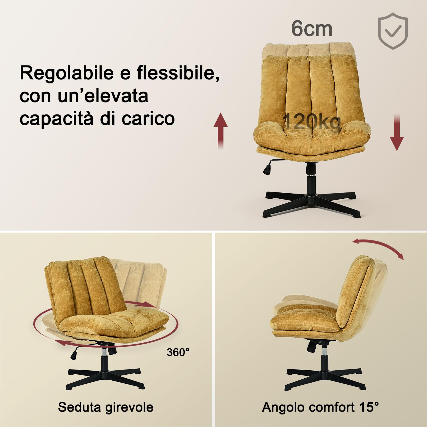 MEUBLE COSY Sedia da Ufficio Girevole Regolabile in Altezza, Poltrona da Scrivania Seduta in Tessuto per Studio, Funzione di Inclinazione Libera, Senza Ruote, Giallo