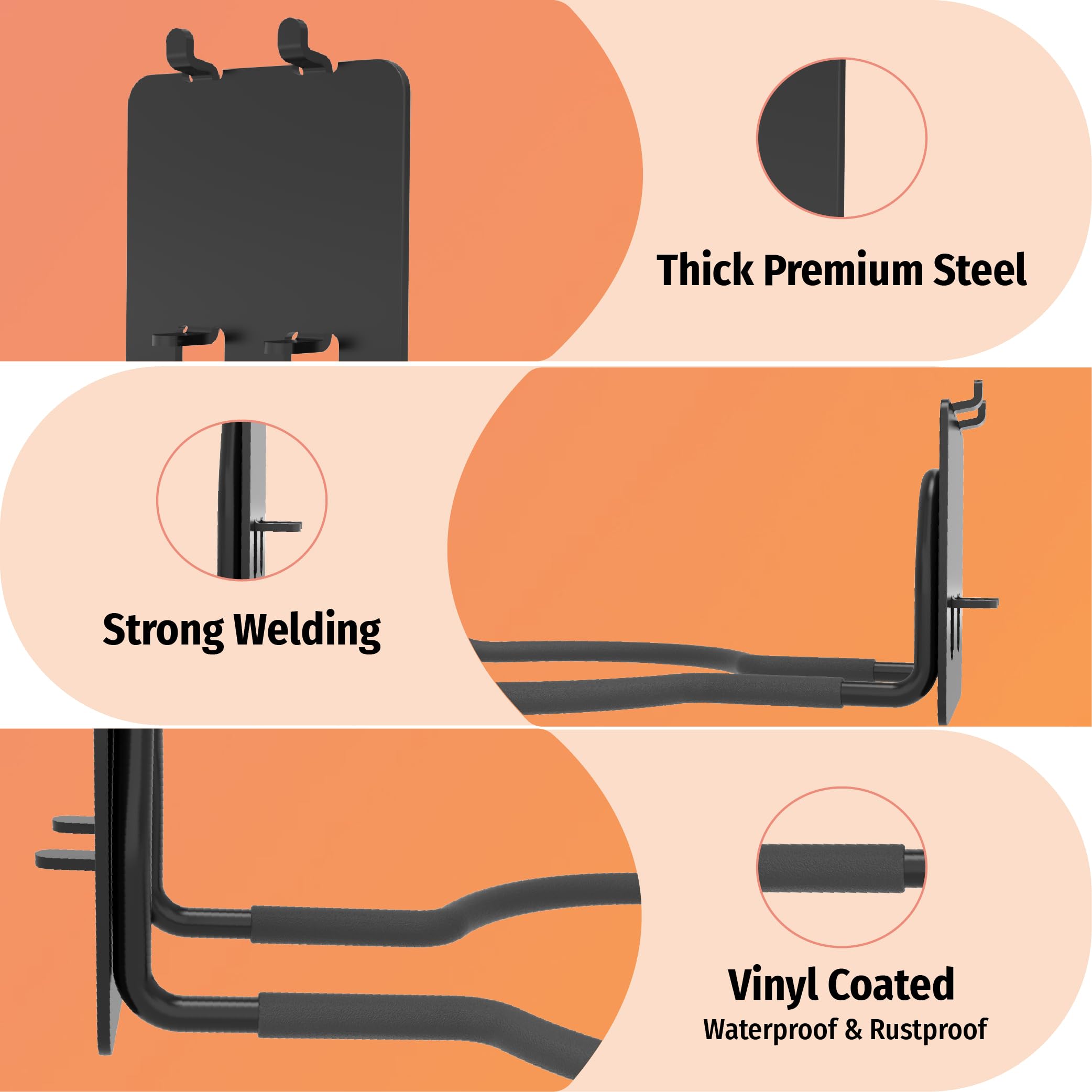 [titular] HUHOLE - 4 soportes con forma de anilla para colgar desbrozadoras en panel perforado de 6 mm.