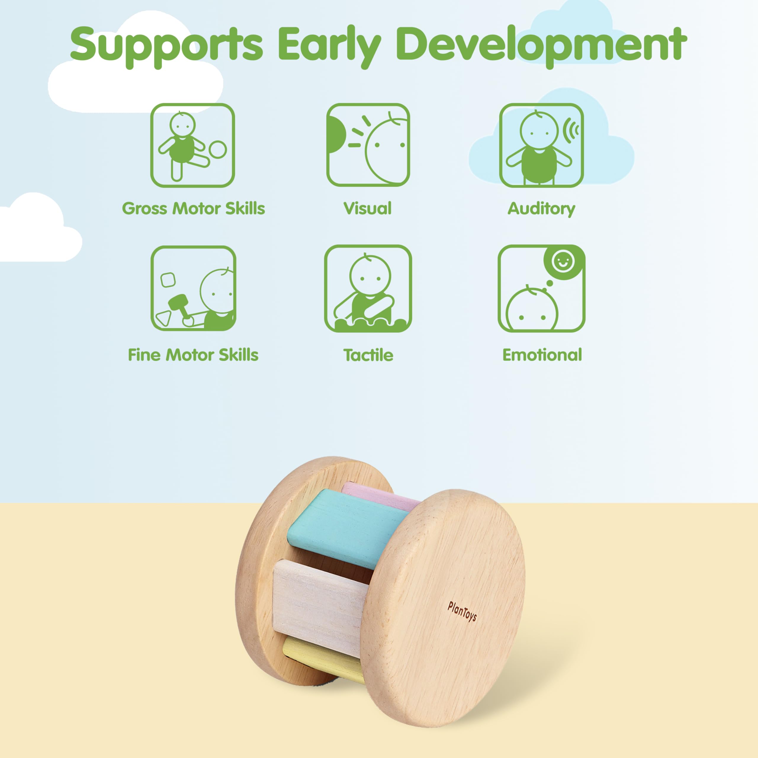 PlanToys Sonaglio Baby - Rodari Baby Arcobaleno - Sonaglio in Legno con Suono Morbido al Rotolo, Giocattolo in Legno per Bambini 6 Mesi - Giocattoli di Legno - Regalo per Neonati - Torta
