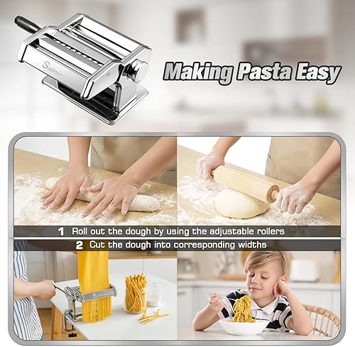Vista 5 de Sailnovo Máquina para hacer pasta, máquina para hacer pasta de 180 rodillos, 9 ajustes de grosor ajustables, máquina de fideos 2 en 1 con rodillos