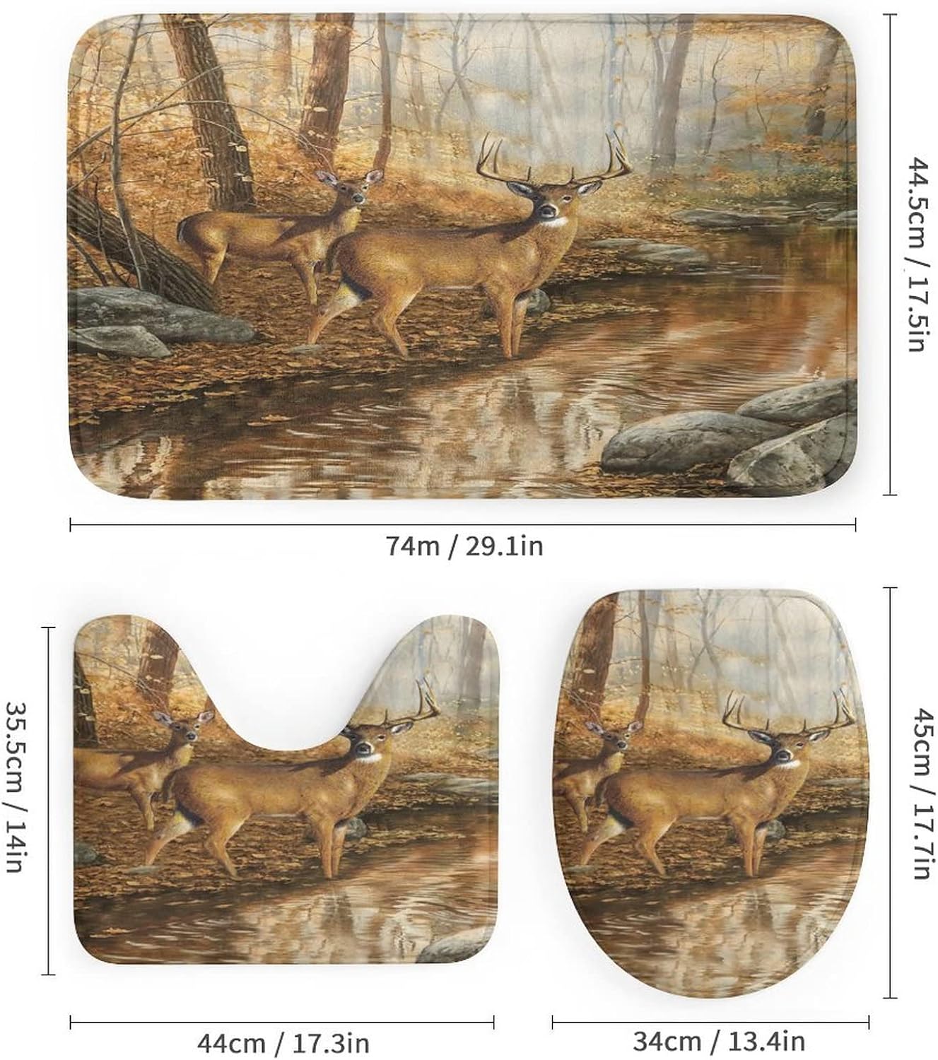 Rustic Cabin Wildlife Deer 4 Piece Shower Curtain Sets, Non-Slip Rugs, Toilet Lid Cover and Bath Mat, Durable and Waterproof, for Bathroom Decor Set One Size