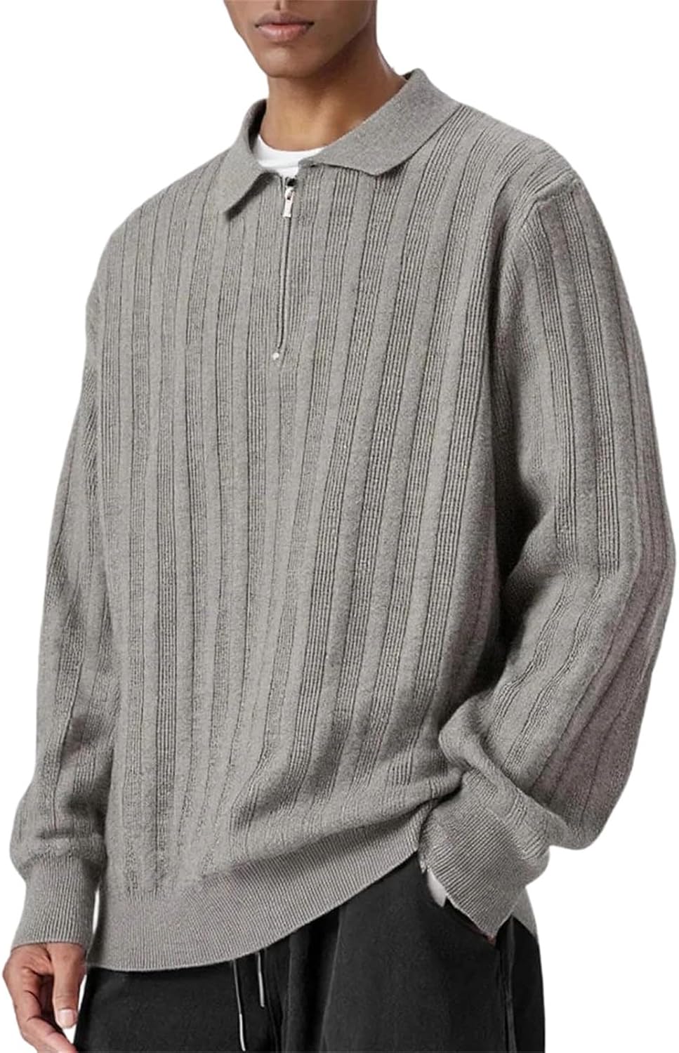 Men's Long Sleeve Polo Sweaters Loose Fit Pullover Turndown Collar Business Casual Knitted Tops for Daily Wear