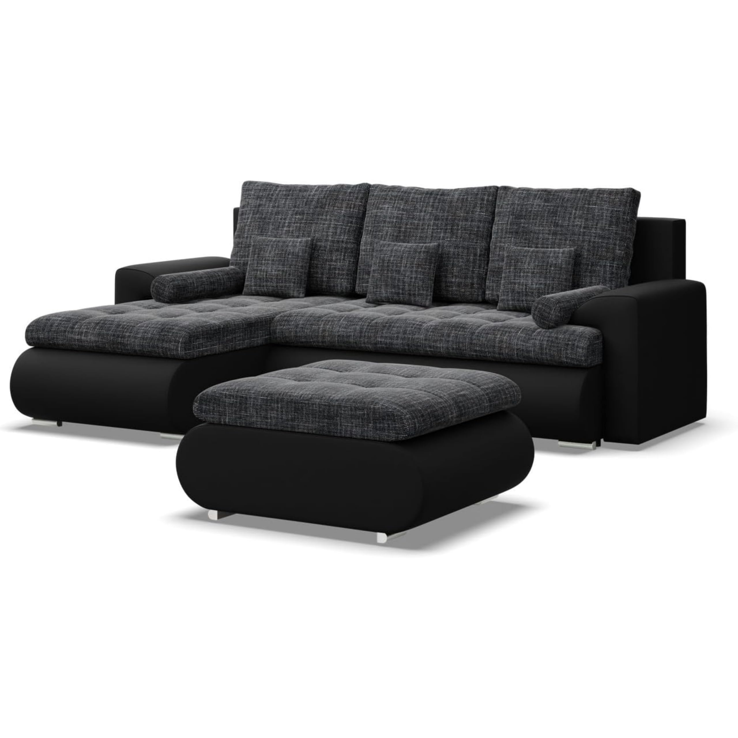 Mebligo - Ecksofa mit Schlaffunktion und 3 Bettkasten FORESTA 300x89x200 (BxHxT) Dunkelgrau + Schwarz - Ottomane Rechts Eckcouch, Couch U Form, Sofa Wohnzimmer, Sofas & Couches, Eckschlafsofa