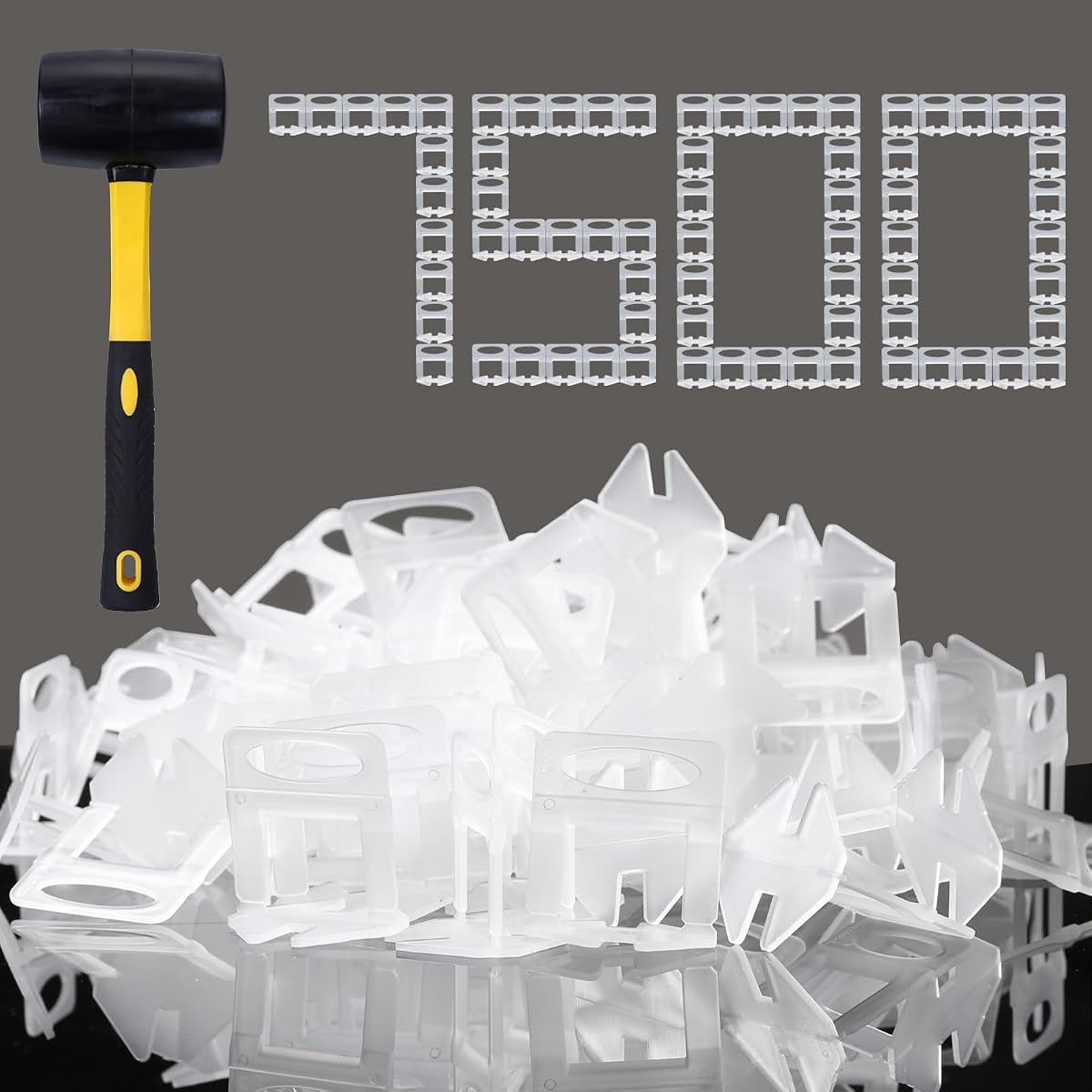 Sistema de nivelación de azulejos espaciadores de 1/8 pulgadas, clips niveladores de azulejos, 7500 piezas y martillo de goma de 16 oz. Juego de herramientas para azulejos para instalación profesional de cerámica y piedra.