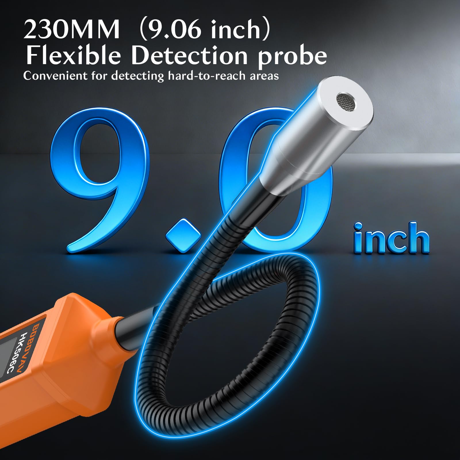 Detector de Gas Universal con Sonda 360° de 20cm, Doble Sensibilidad (300-10000ppm), Alarma Visual LED y Sonora (65dB), Modo Silencio, Tiempo de Precalentamiento 30s