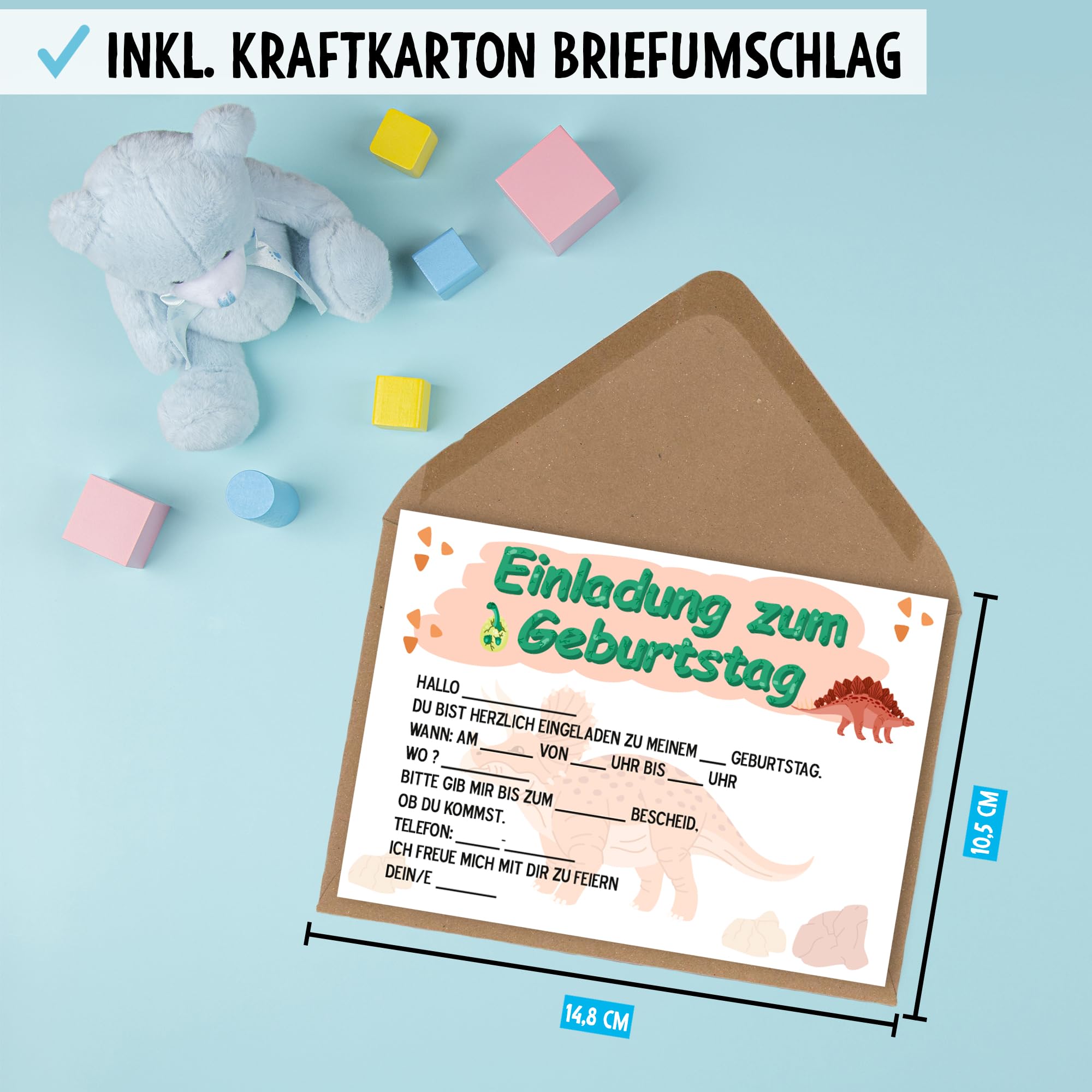 OWLBOOK Triceratops 50 Einladungskarten Kindergeburtstag Junge Jungs Dino Dinosaurier - Geburtstageinladungskarte für Jungen - Kinder Geburtstag Einladungen zur Geburtstagsfeier zum ausfüllen mit