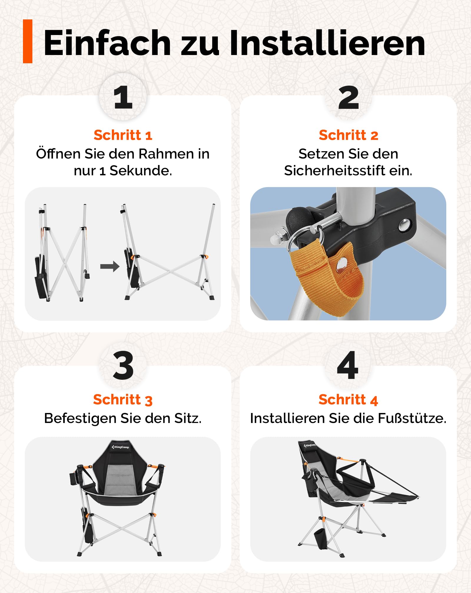 KingCamp Camping Schaukelstuhl mit Fußstütze Campingstuhl Faltbar Schwarz | 90-130° verstellbare Rückenlehne Schaukelfunktion, bis 180kg Kopfstütze Aluminiumgestell Getränkehalter für Camping & Garten