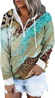 YuzRong Blouses for Women Uk Women's Printed Fashion Casual Long Sleeved Zippered Tie Hat Sweater