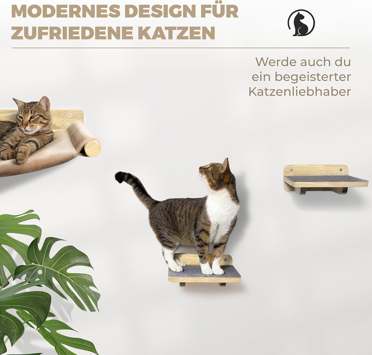 WOOWOOD® 2X Kletterwand Katzen - 3X Katzentreppe Wand- Kratzbaum Wand - Hängematte Katze - Wandkratzbaum - Katzenmöbel - Katzenwand - Katzen Kletterwand Set - Naturhell