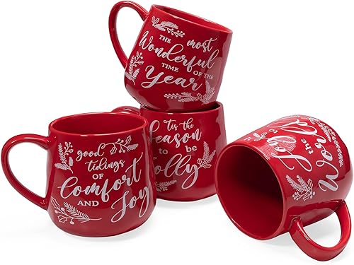 Miniatura 2 de Tazas de café de cerámica de Navidad, juego de 4 tazas de café rojo festivo, tazas de porcelana para café, leche, té o cacao caliente, aptas para