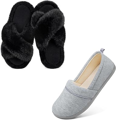 HomeTop Womens Set of 2 Pairs Memory Foam Slippers Size 9,Light Gray-Soft SlippersSize 40-41,Black