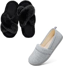 HomeTop Women's Set of 2 Pairs Memory Foam Slippers (Size 8,Light Gray)-Soft Slippers(Size 38-39,Black)