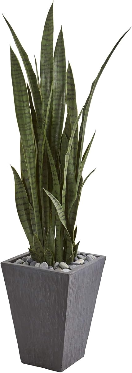 Planta de serpiente artificial de 57 pulgadas de altura Nearly Natural Sansevieria, planta de serpiente de imitación verde para decoración interior del hogar en maceta de pizarra, planta falsa en oficina, sala de estar, dormitorio, planta artificial realista