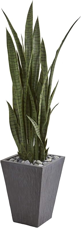 Planta de serpiente artificial de 57 pulgadas de altura Nearly Natural Sansevieria, planta de serpiente de imitación verde para decoración interior del hogar en maceta de pizarra, planta falsa en oficina, sala de estar, dormitorio, planta artificial realista