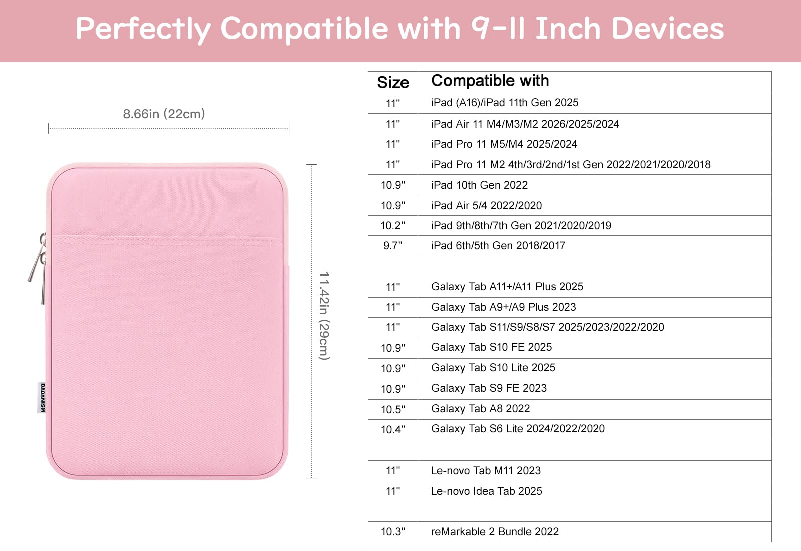Dadanism 9-11" Custodia Protettiva Sacchetto per iPad (A16) 11", iPad Air 11" M4/M3, iPad Pro 11" M5/M4, iPad 10a Gen 10,9", iPad 9/8/7a Gen 10,2", Galaxy Tab A11+ 11", Tab M11 11", Fiore Rosa