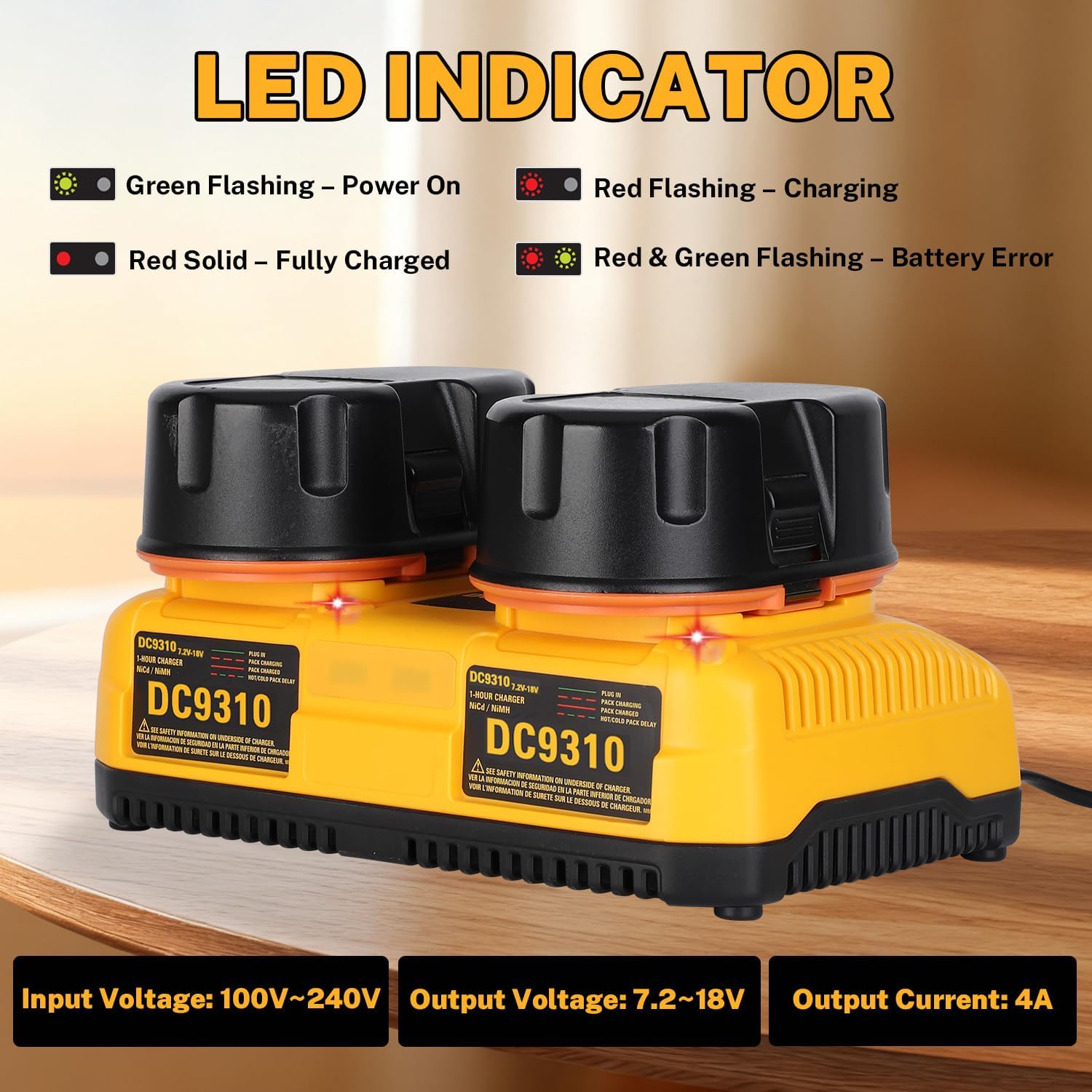 DC9310 Dual-Port Fast Charger Replacement for Dewalt 7.2V–18V NiCD/NiMH Batteries, Compatible with DC9096 DC9098 DC9099 DW9072 DE9057 DW9061, Replace for DC9310 & DW9116 (Not for Lithium Battery)