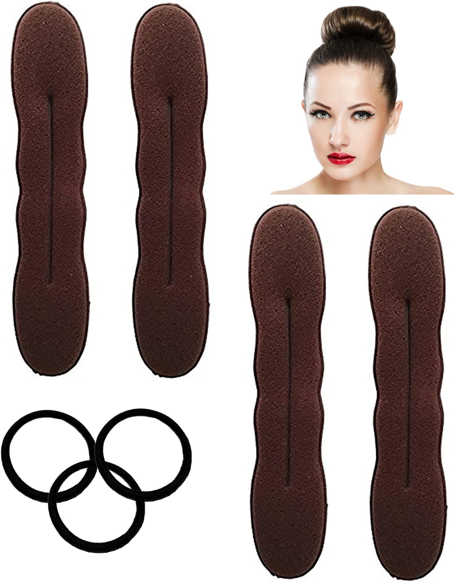 Styla Hair Brunette Magic Hair Bun Maker 4 Pack Large Foam Sponge Buns Shaper Accessories Strong Flexible Reusable Bun Twister for Updo’s, Ballet Buns, French Twist, Waves & more!