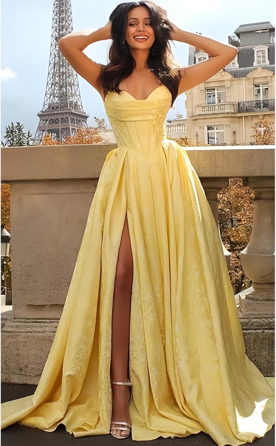 Satin Prom Dresses A Line Corset A Line Strapless Ball Gown with Slit