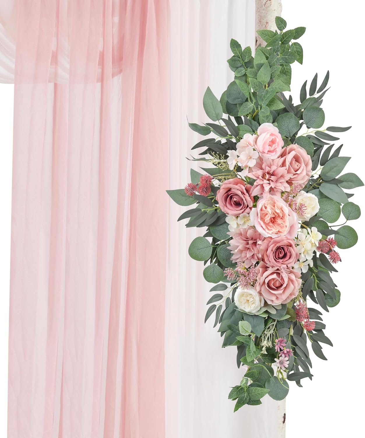 Wedding Arch Flowers Kit (Pack of 5) 2pcs Large Floral Swag Arrangement and 3pcs Fabric Drap for Ceremony Reception and Backdrop Decoration (Dusty Rose and Blush)