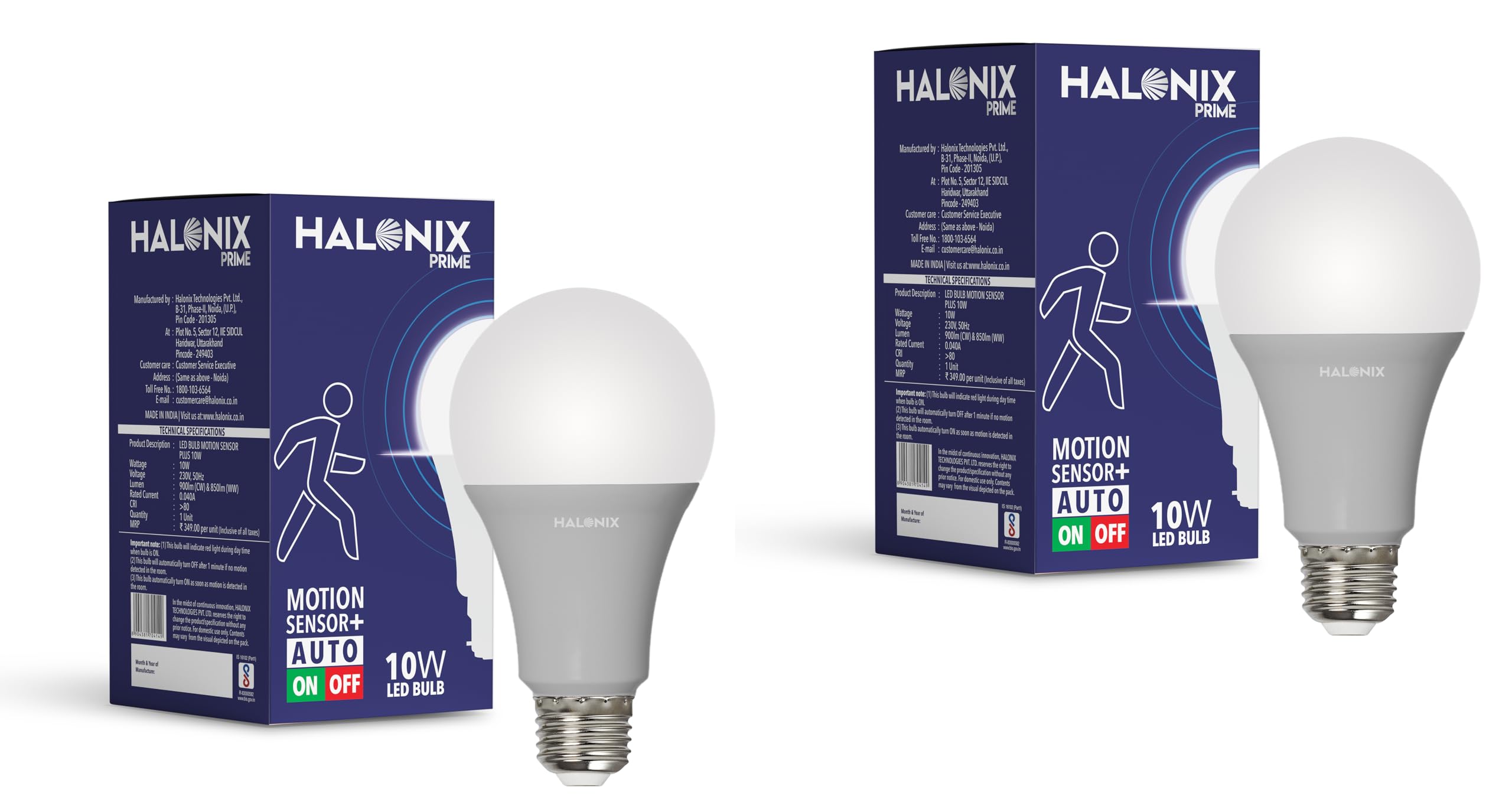 Halonix 10 Watt E27 Screw type Radar Motion Sensor LED Bulb (Auto Off Auto On) - Pack of 2, White