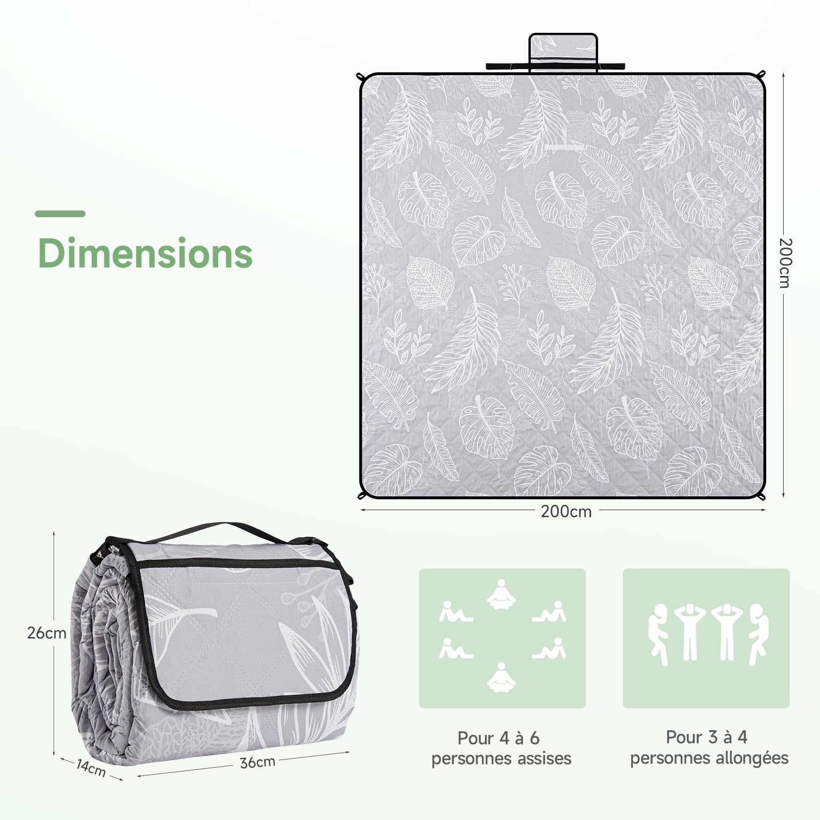 HAUSPROFI Couverture de Pique-Nique 200x200cm, Imperméable et Isolante - Tapis de Plage Anti Sable et Camping, Rembourrage Coton, Pliable avec Poignée et 4 Piquets, Lavable en Machine sans Déformation