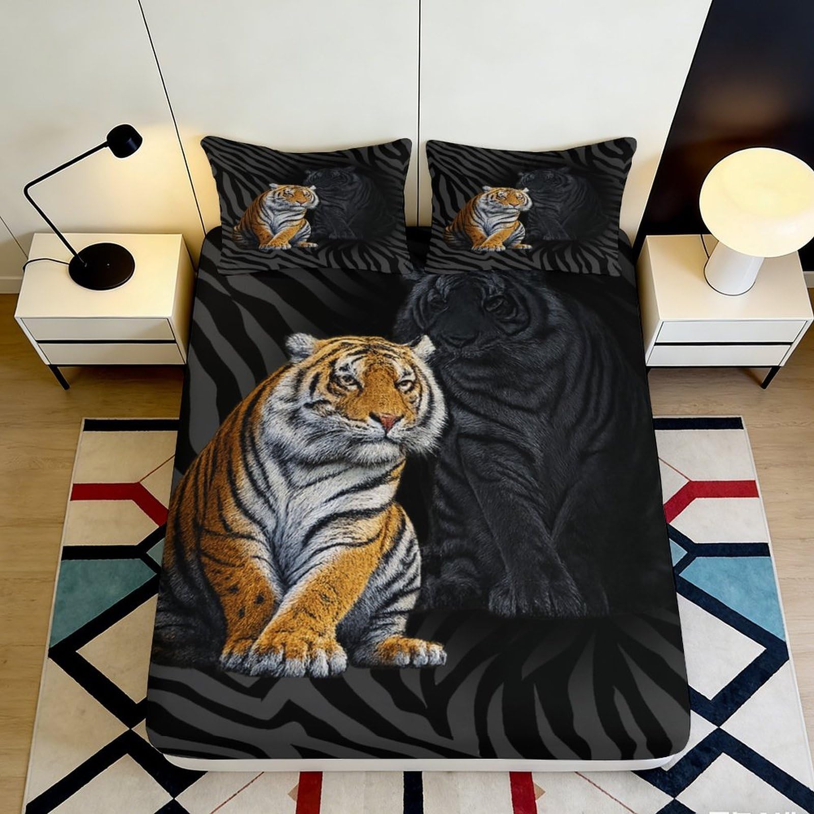 Decorative Tiger Fitted Sheet, Black 3D Printed Bed Cover, Microfiber Soft Touch, Apartment Bedding, Wrinkle Resistant, Easy Care, Home Bedroom Use, 180x200x25cm