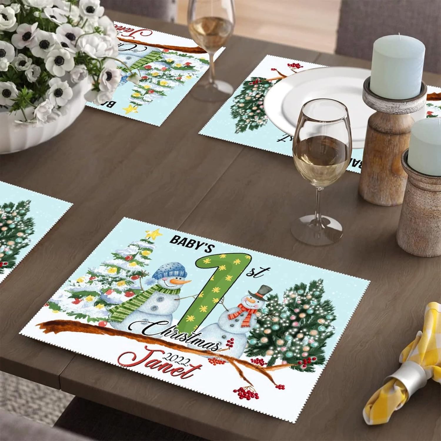 Baby's First Christmas 2022 Snowman Christmas Tree Placemat Set of 6 New Baby Gift Table Mat Heat Resistant Place Mats Kitchen Table Mats Holiday Decoration Rustic Vintage
