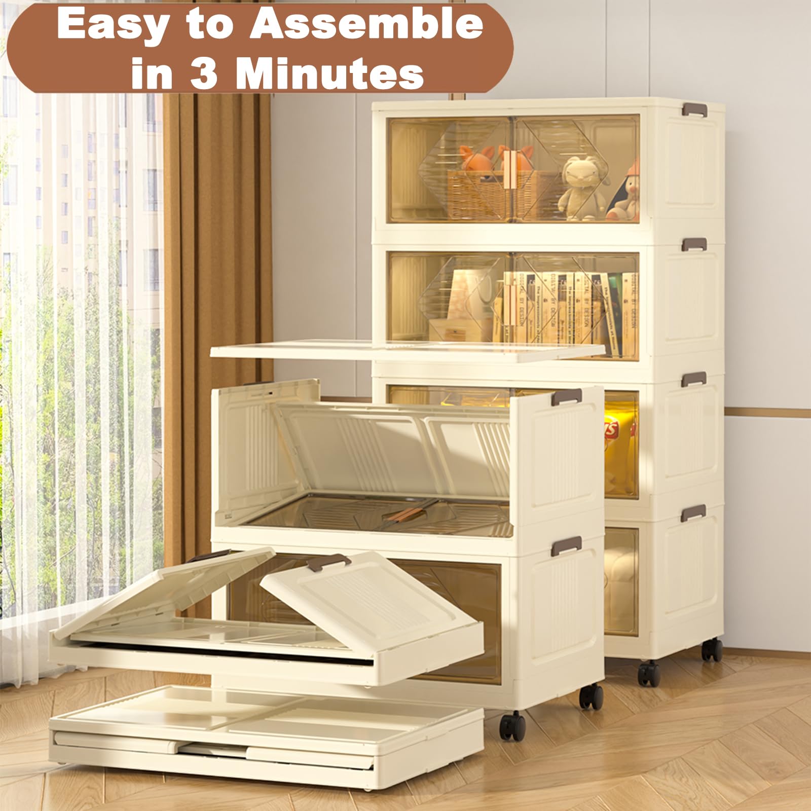 Set di 4 Contenitori in Plastica Pieghevoli con Coperchio – Scatole Impilabili con Ruote, Organizer Salvaspazio per Armadio, Cucina, Soggiorno e Camera da Letto - 125L