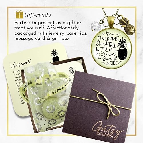 Miniatura 6 de Pineapple Necklace Stand Tall Tropical Boho Style Bronze Jewelry for Women Chain 24" - Handmade Glass Hawaiian Inspirational Quote Pendant,