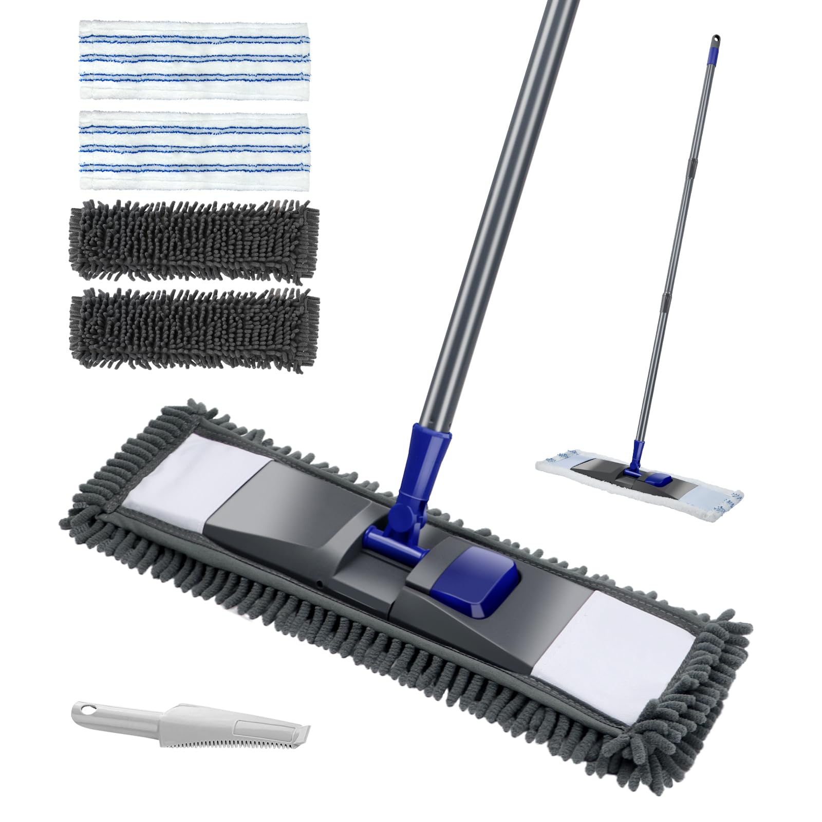 Masthome Mop Floor Mop Set with 4 Mop Pads, Chenille Flat Mop with 128 cm Handle, Microfibre Mop, Wiper Floor for Hardwood, Laminate, Tile Floor, Send 1 Scraper