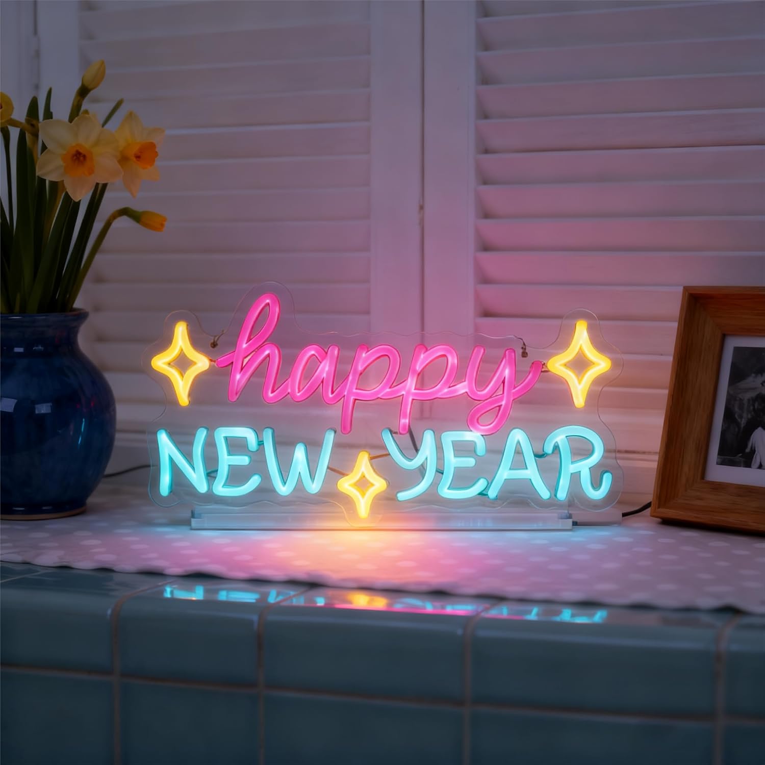 Happy New Year Neon Sign, LED Holiday Decor, Indoor Party Decoration - 16.5in×8.9in USB Powered Neon Light with 6 Dimmable Modes for New Year Decorations