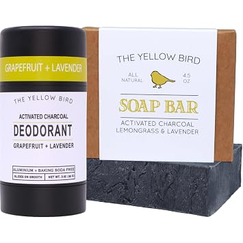 The Yellow Bird Natural Charcoal Deodorant + Armpit Bar Soap Bundle Aluminum & Baking Soda Free, Vegan, Organic Ingredients Magnesium for Underarm Pit Detox & Odor For Sensitive Skin