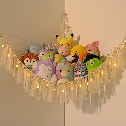 Hamaca de red de juguete de macramé para animales de peluche con red ligera para mascotas para animales de peluche, colgante en esquina, soporte de