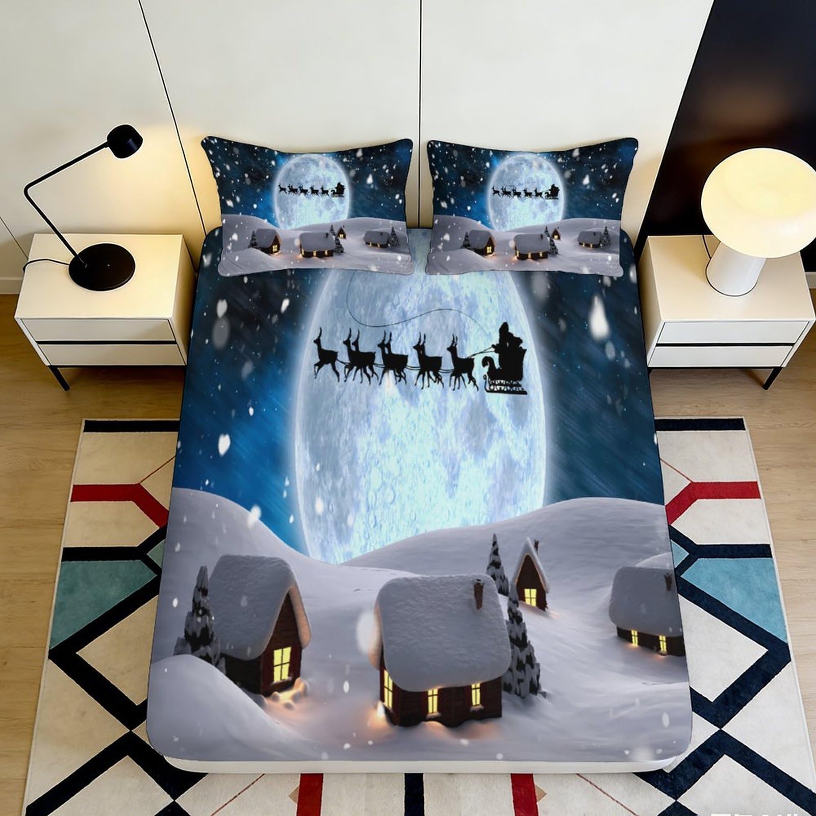 3D Printed Christmas Snow Scene Fitted Sheet Microfiber Deep Pocket Home Bedding Christmas Mattress Fitted Cover Washable 160x200x25cm