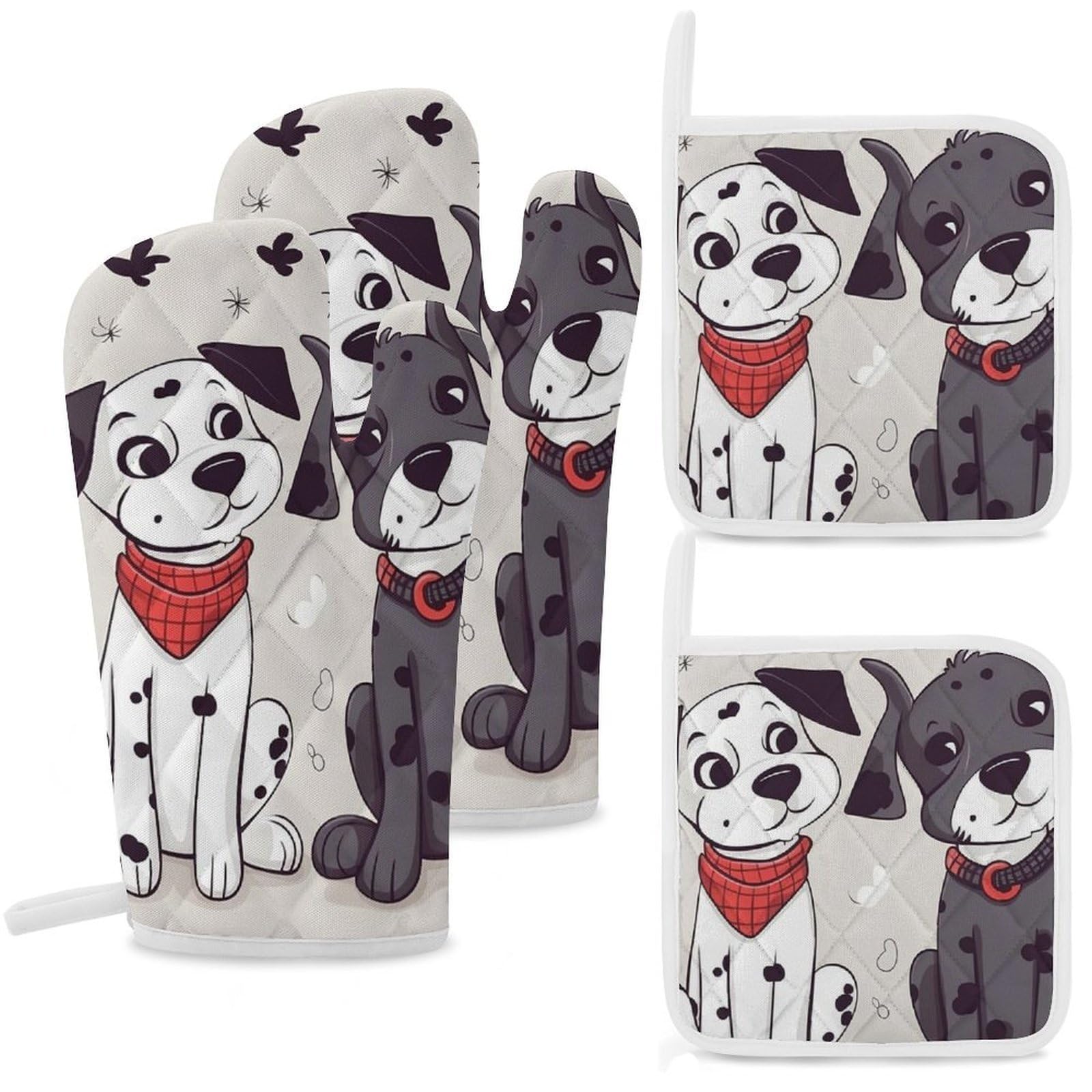 Oven Mitts and Pot Holders Set of 4 Heat Resistant Non-Slip Kitchen Gloves Hot Pads Lovely Dogs and Paw Mittens Gloves Non-Slip Potholders for Cooking Baking Grilling BBQ
