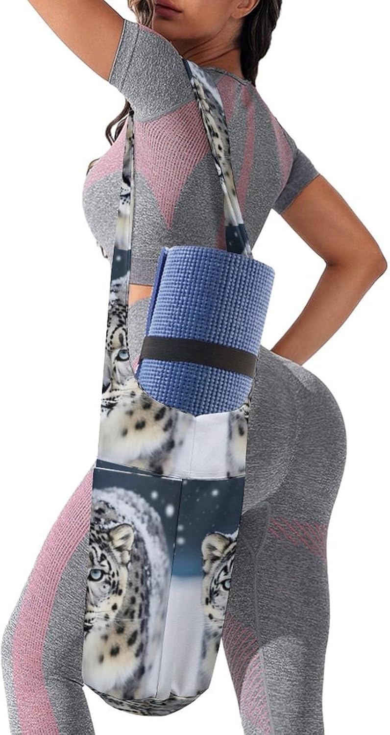 Canvas Yoga Bag,Blue Eyed Snow Leopard Printed Yoga Mat Handbag,Portable Yoga Mat Bag Large Capacity Gym Bag for Men Women Pilates Beach Travel
