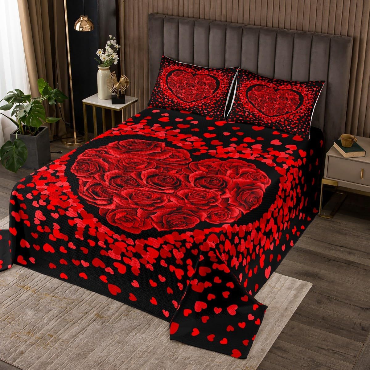 Castle Fairy Valentine's Day Bedspread King Size for Adult Women,Romantic Heart Print Red White Quilt Set with 2 Pillowcases,Couple Love Themed Plaid Geometric Decor Bedding Quilted,Breathable