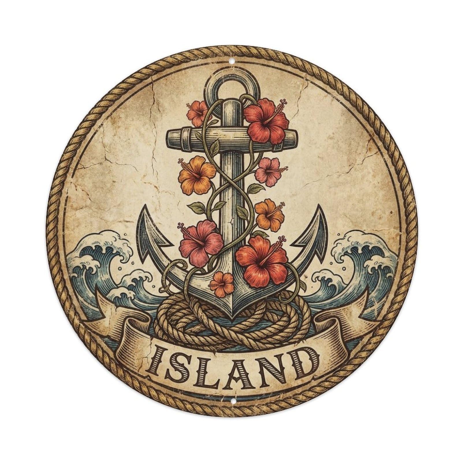 Island Hibiscus Anchor Pirate Nautical Maritime Metal Tin Sign