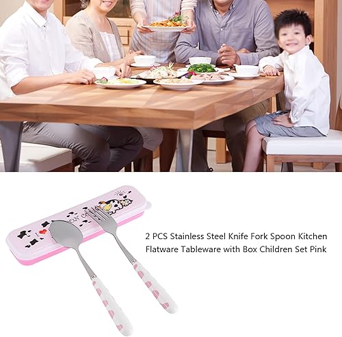 Miniatura 3 de Juego de 2 cubiertos de acero inoxidable con cuchara de tenedor portátil y reutilizable, vajilla de cocina con caja para niños (rosa)